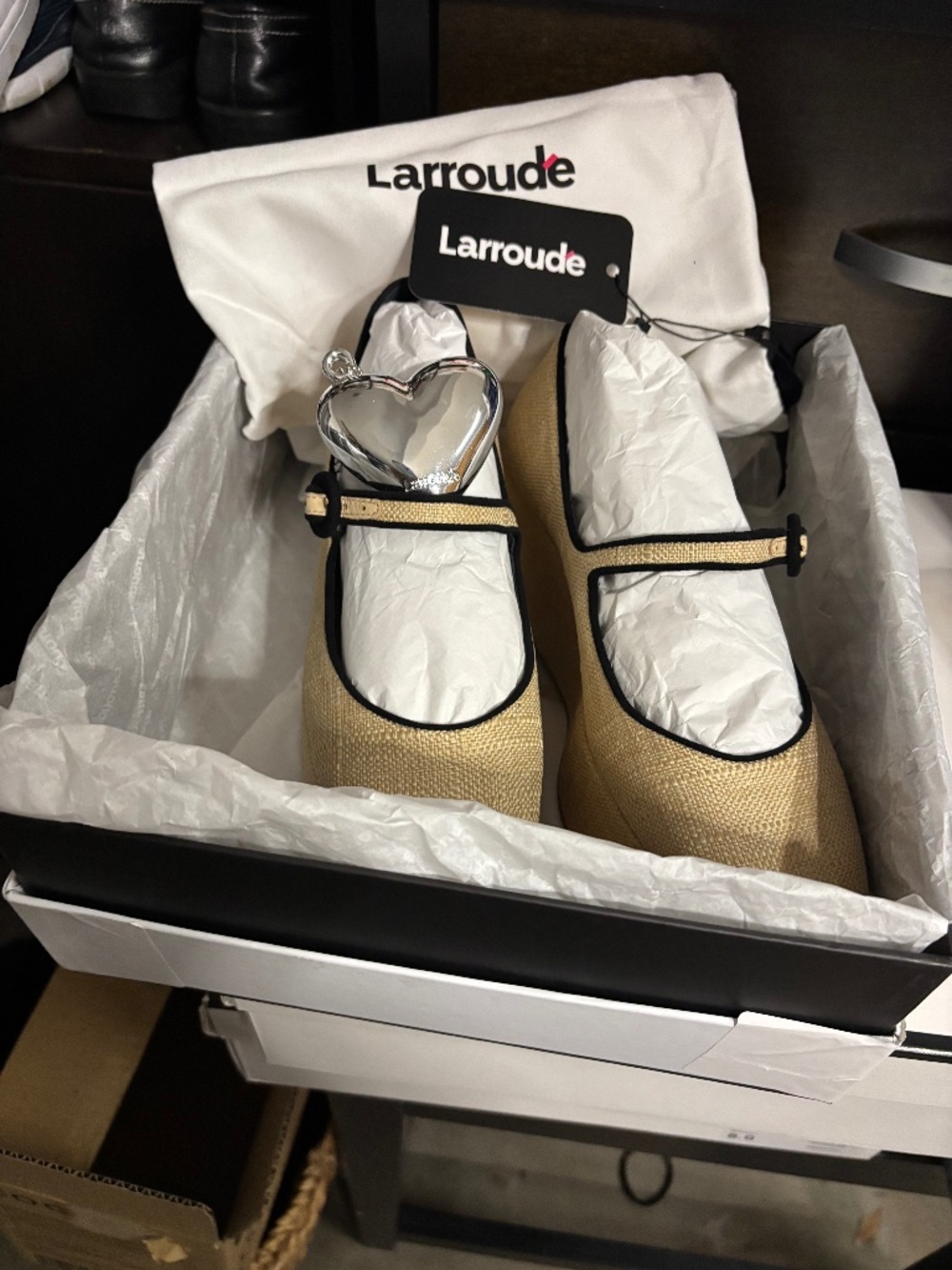 Larroude Blair platform shoes in beige raffia size 8